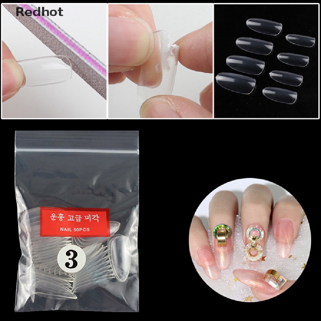 &lt; Redhot &gt; Hộp 50 Móng Tay Giả Trong Suốt Nhám Mờ Dạng Nhấn