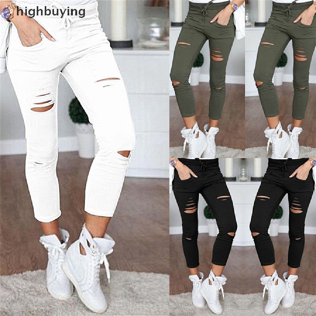 Quần Dài Lưng Cao Dáng Ôm Phối Lỗ Rách Thời Trang Cá Tính Cho Nữ