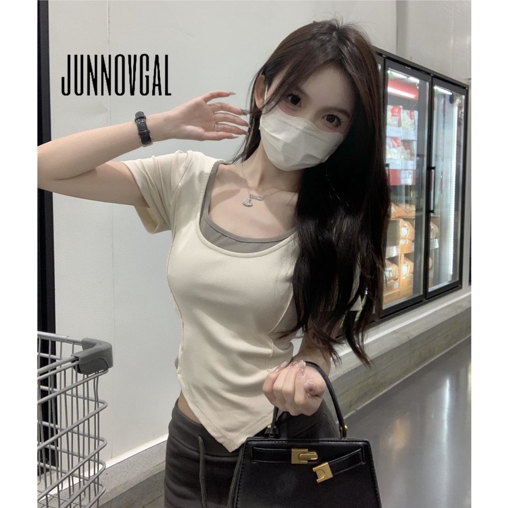 Áo Thun Tay Ngắn Cổ Vuông Dáng Ôm Phối Màu Tương Phản Thời Trang 2023 Cho Bạn Gái