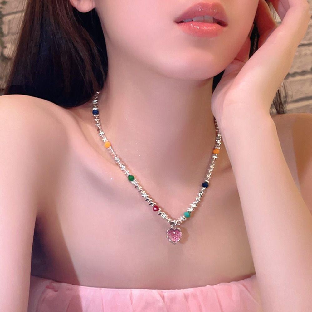 Vanes1 Y2K Vòng cổ Nữ Thời Trang Đầy Màu Sắc Sinh Nhật|Vòng cổ Mặt Trái Tim Đính Đá Lấp Lánh Dễ Điều Chỉnh