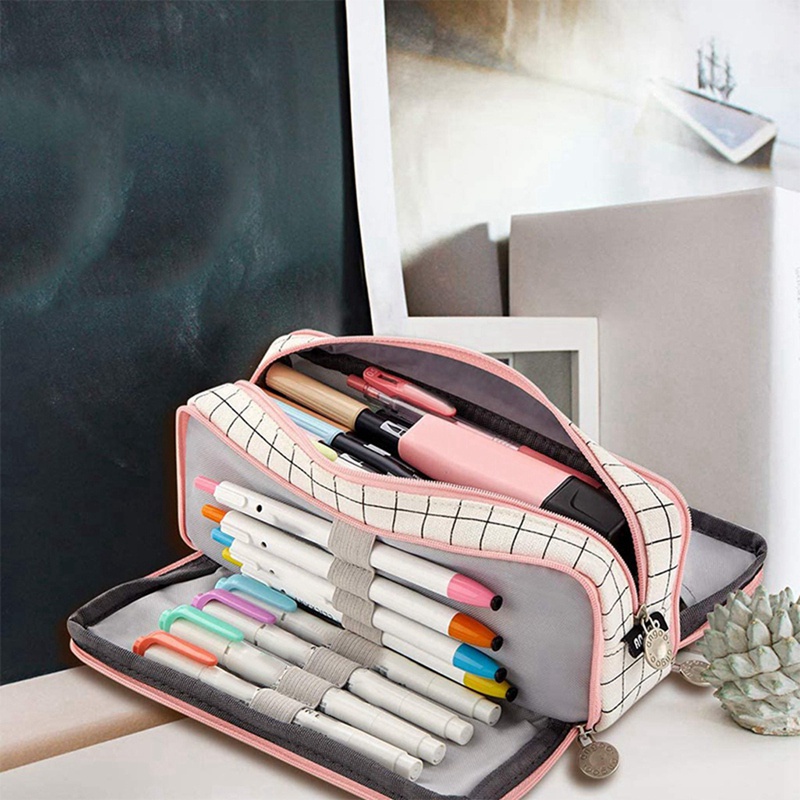 2 Túi Đựng Bút 3 Ngăn Bằng Vải Canvas Cỡ Lớn Màu Trắng / Đen / Hồng