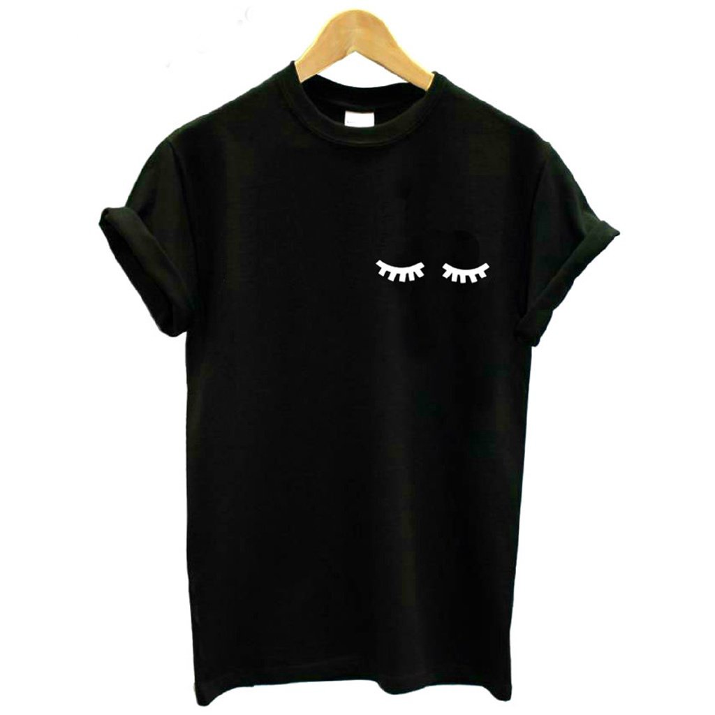 Áo Thun Cotton Có Túi In Hình Lông Mi Và Lông Mi Vui Nhộn Màu Đen / Xám / Trắng Giản Dị Dành Cho