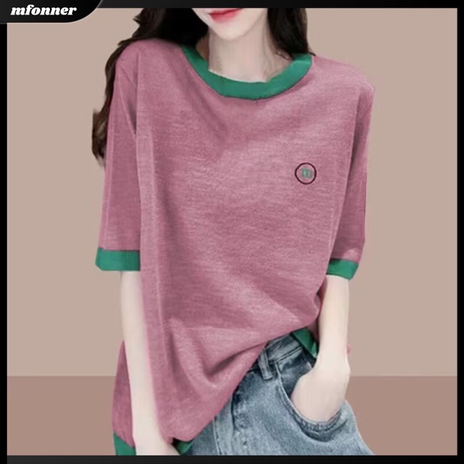 Áo Thun Mỏng Tay Ngắn Cổ Tròn Dáng Rộng Phối Màu Tương Phản Thời Trang Mùa Hè Cho Nữ