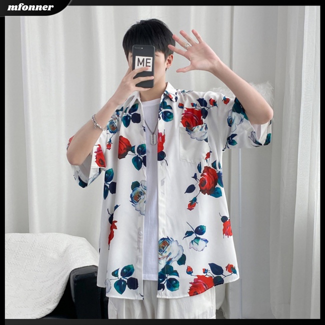 Áo Sơ Mi Cotton Ngắn Tay Dáng Rộng In Họa Tiết Retro Cá Tính Dành Cho Nam