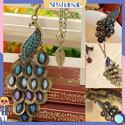 &lt;SPwholesale&gt; Vòng cổ Hợp Kim Mặt Hình Chim Công Đính Đá Phong Cách Vintage Cho Nữ