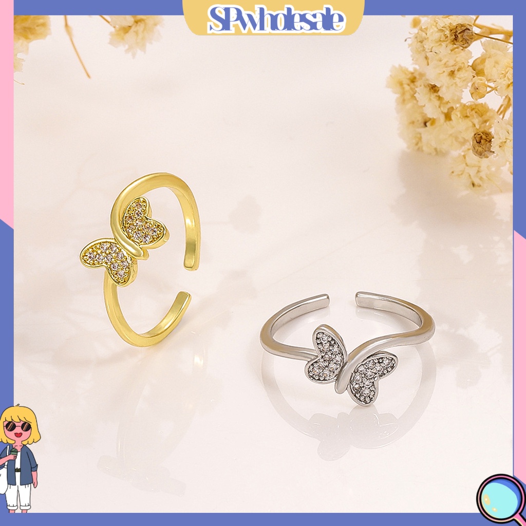 <SPwholesale> Nhẫn Hở Hình Học Đính Đá Hình Bướm Lấp Lánh Có Thể Điều Chỉnh Trang Trí Thời Thượng < Spwholeale >