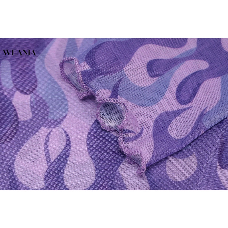 Áo Thun Tay Dài Phối Lưới Xuyên Thấu In Họa Tiết Ngọn Lửa Cho Nữ