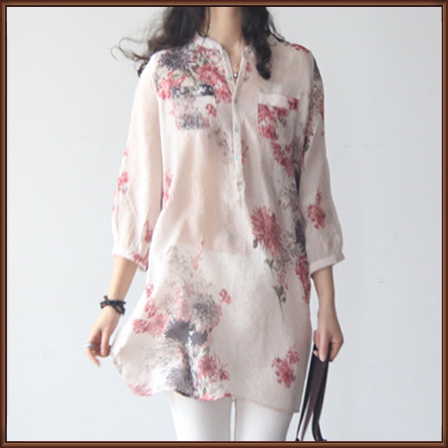 Áo Sơ Mi Cotton Lanh Dáng Rộng In Hoa Xinh Xắn Cho Nữ
