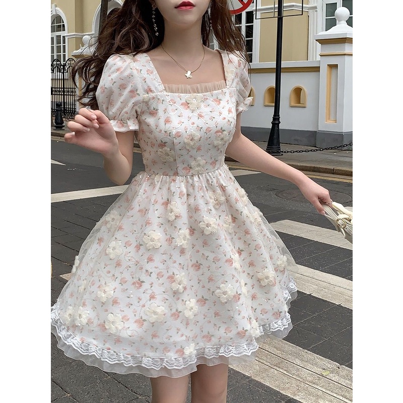 Váy Hoa Ngọt Ngào. Đầm Tay Phồng Phối Lưới Thời Trang Xinh Xắn