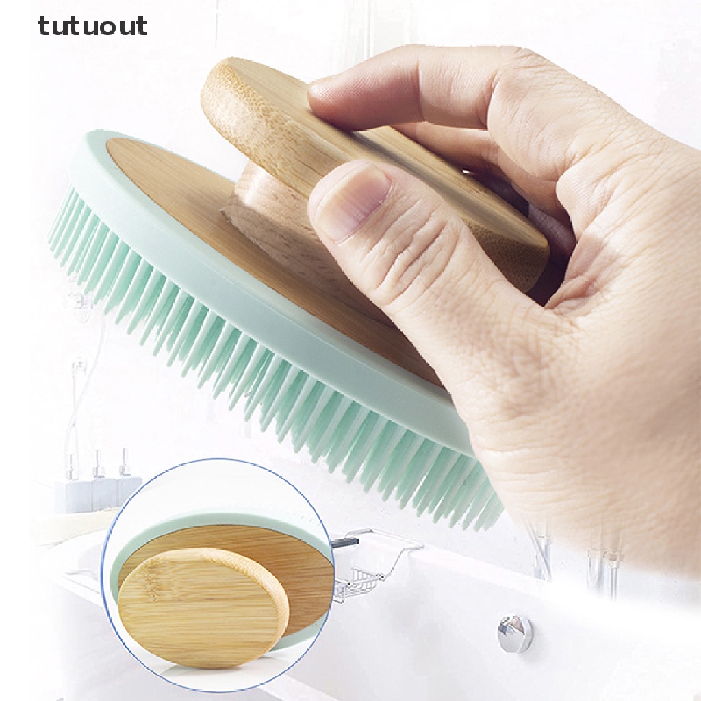 Bàn Chải Tắm Bằng Silicon Với Tay Cầm Bằng Tre Tiện Dụng