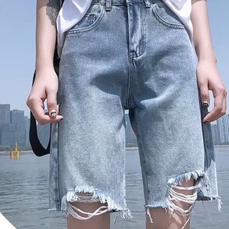 IELGY    Quần Short denim Rách Lưng Cao Dáng Chữ a Thời Trang Cho Nữ