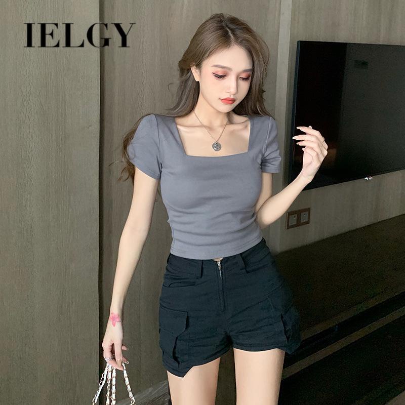 IELGY    Áo Lửng Ngắn Tay Cổ Vuông Eo Cao Ôm Dáng Thời Trang Cho Nữ