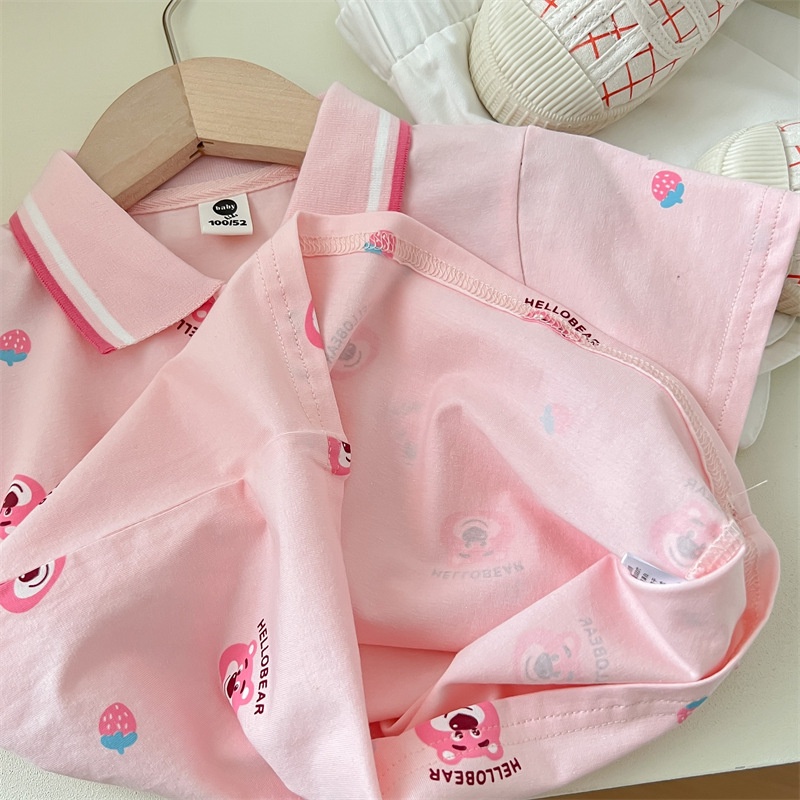 Áo Thun Polo Ngắn Tay Họa Tiết Hoạt Hình Gấu Và Dâu Tây Thời Trang Mùa Hè Cho Bé Gái