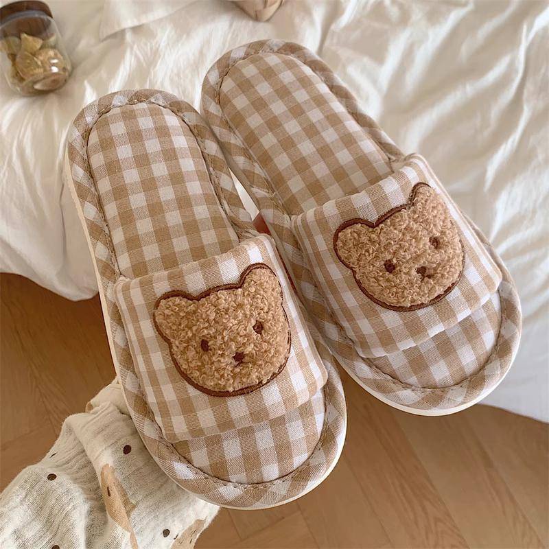 Dép nữ đi trong nhà xixitiao họa tiết gấu dễ thương chất liệu vải cotton thoáng mát đế EVA êm mềm chống trượt