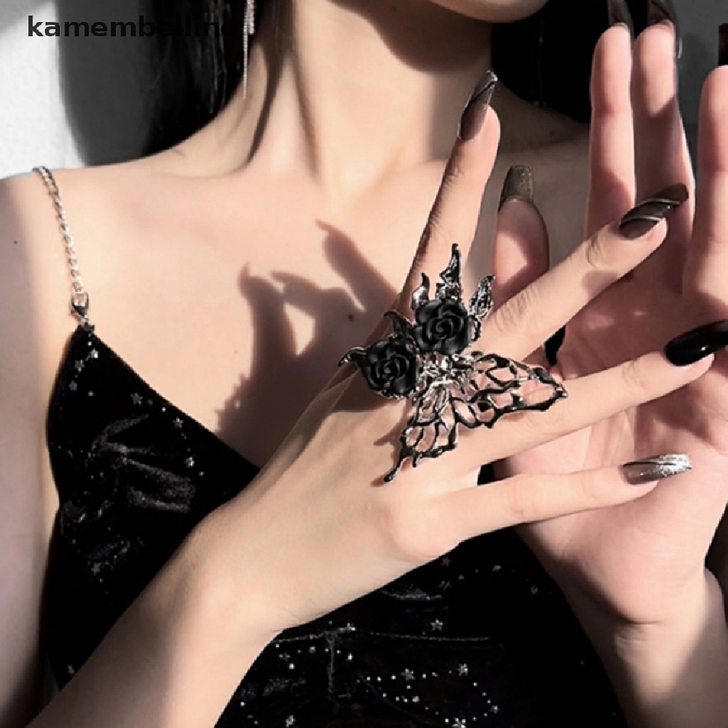 Kamembelling Nhẫn Kim Loại Dạng Mở Hình Bướm Hoa Hồng Đen Phong Cách Punk Vintage Có Thể Điều Chỉnh Làm Quà Tặng Trang Sức Cho Nữ
