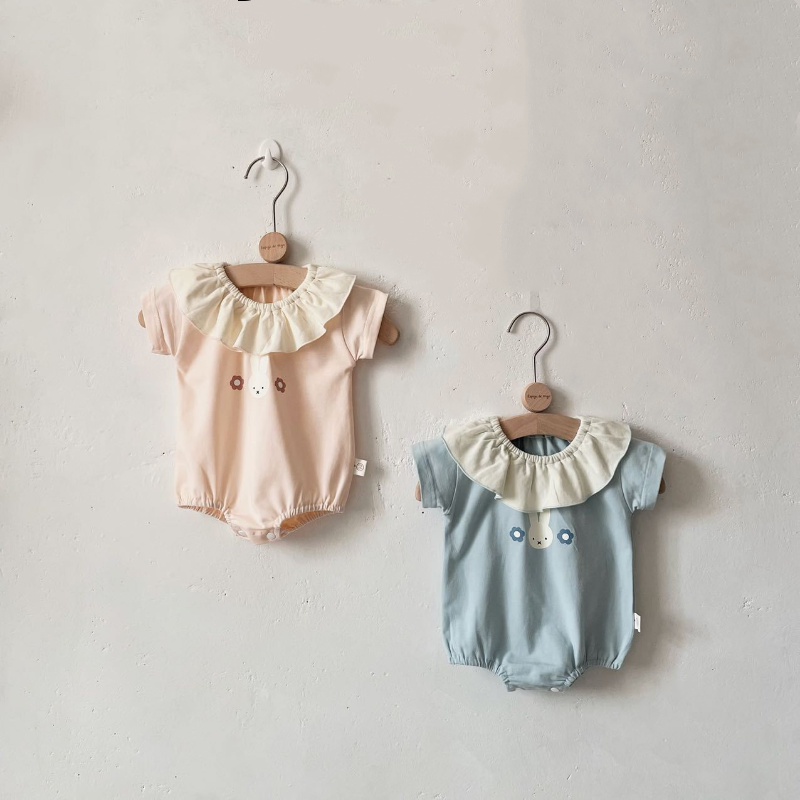 Bộ Áo Liền Quần Bằng Cotton Tay Ngắn Cổ Lá Sen In Họa Tiết Hoạt Hình Dễ Thương Thời Trang Mùa Hè Cho Bé 0-2 Tuổi