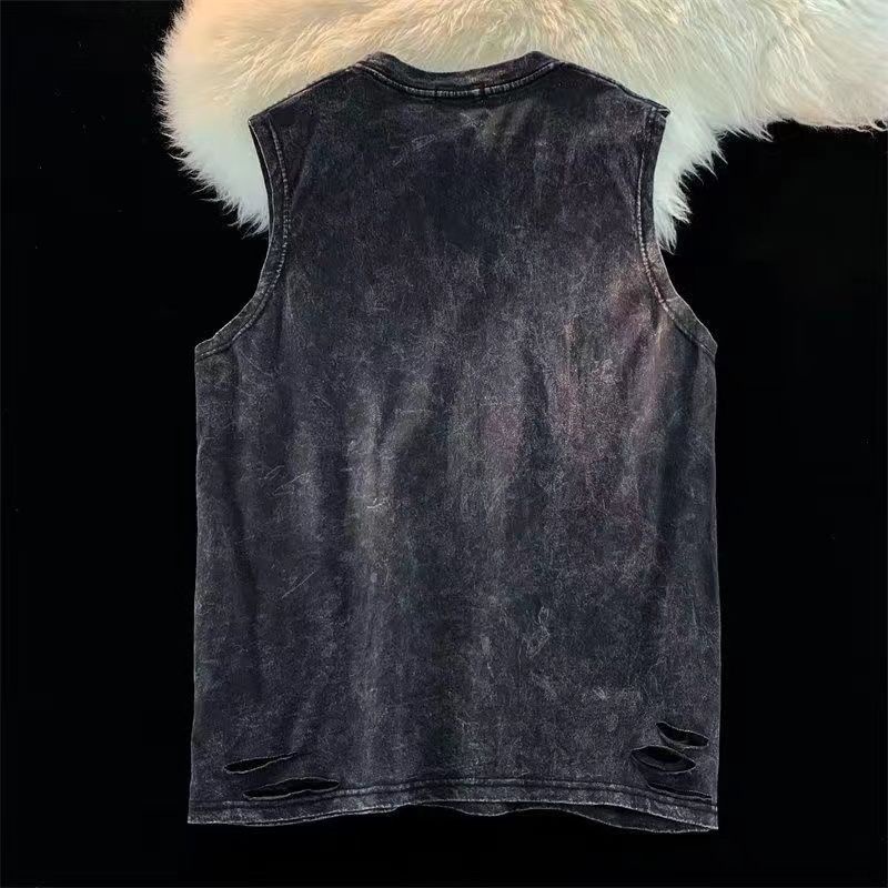 [F &amp; X] Áo Thun Cotton Trơn Không Tay Dáng Rộng Rách Phối Dây Xích Phong Cách Retro Mỹ Cho Nam