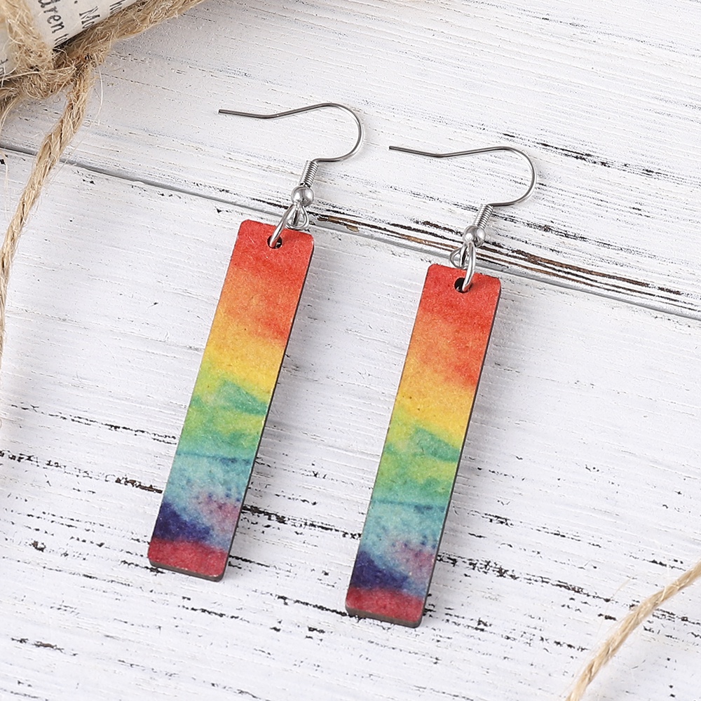 Khuyên Tai Mặt Gỗ Hình Học Họa Tiết Tranh Sơn Dầu Màu Gradient Cầu Vồng Phong Cách Vintage Yanqueens