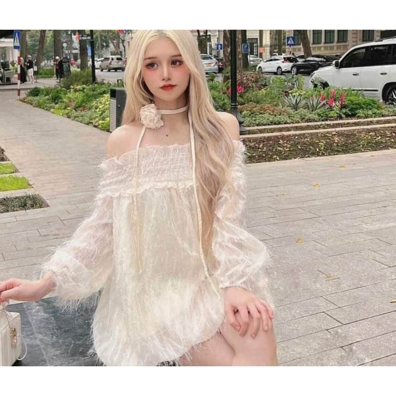 💋Áo trễ vai tơ lông phồng cổ hoa xinhhh xỉuuuu🌸🌸
