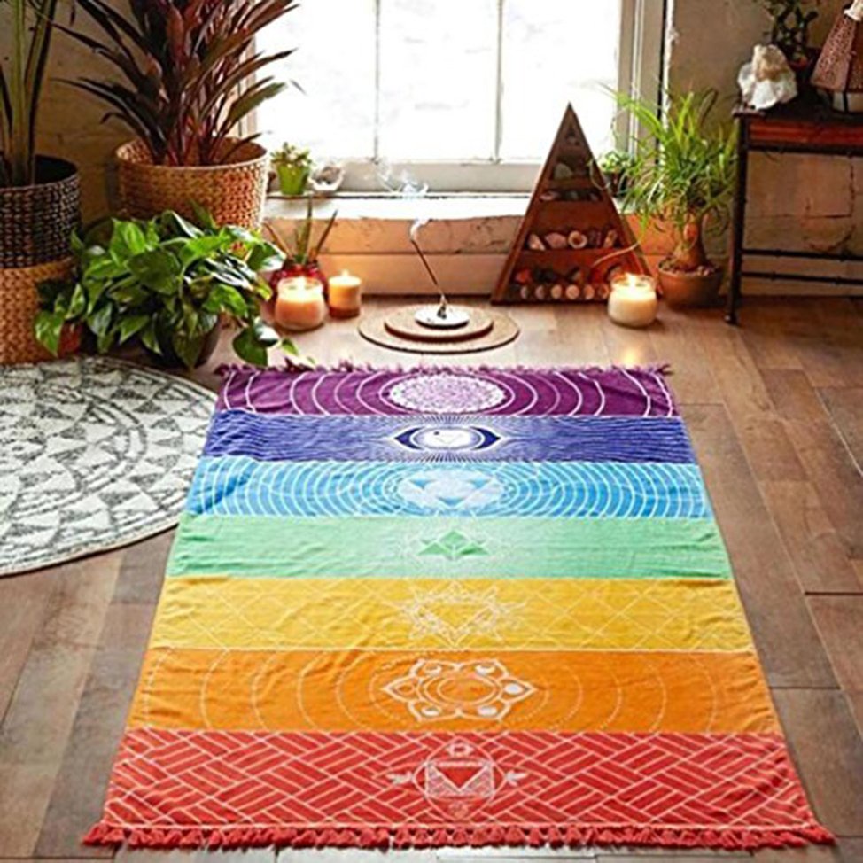 Meditation Yoga Rug Towels Mexico Chakras Tassel Striped Floor Mat Colorful