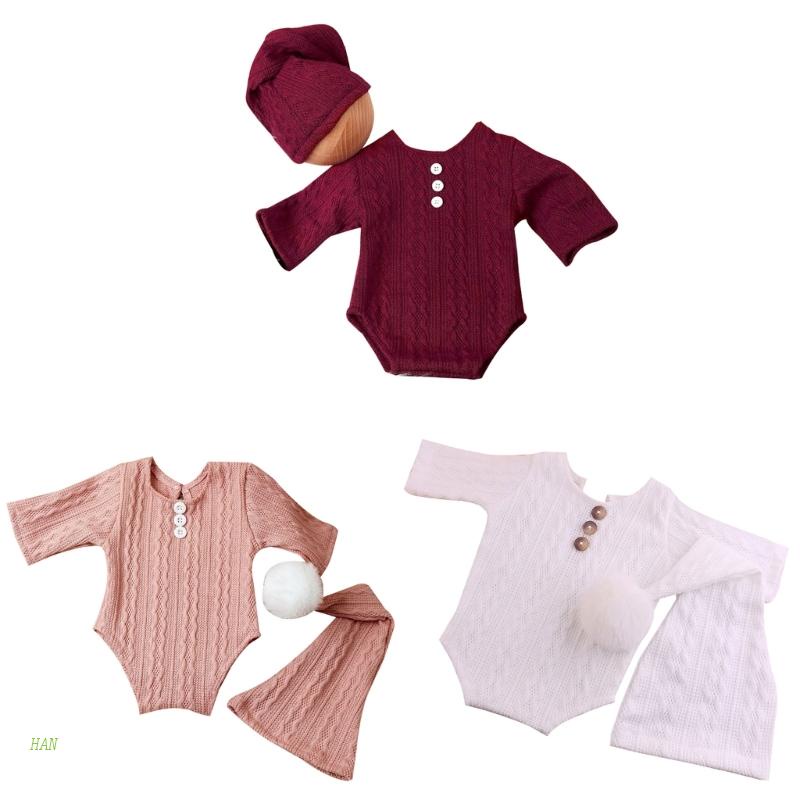 Bộ Áo liền quần Dệt Kim + Mũ Xinh Xắn Dùng Làm Đạo Cụ Chụp Ảnh Cho Bé