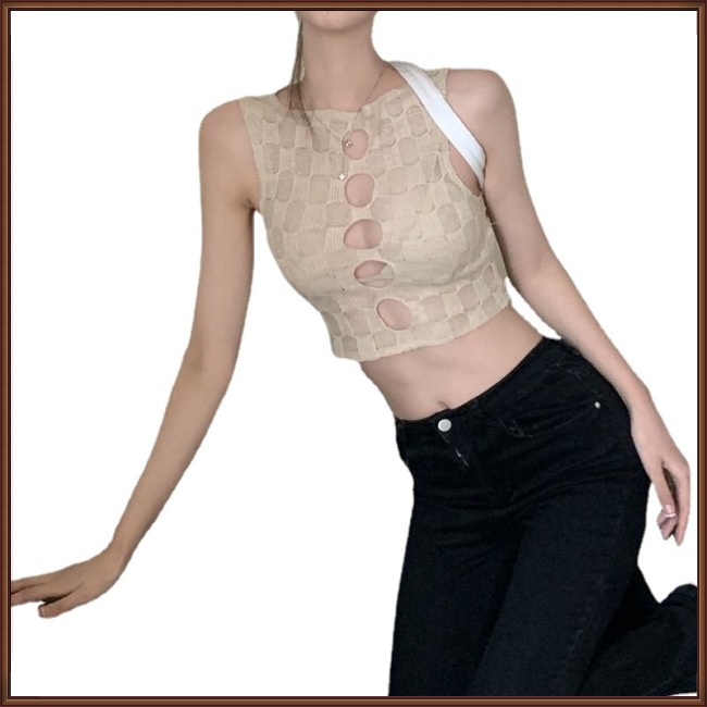 Áo Croptop Dệt Kim Không Tay Dáng Ôm Khoét Lỗ Gợi Cảm Cho Nữ