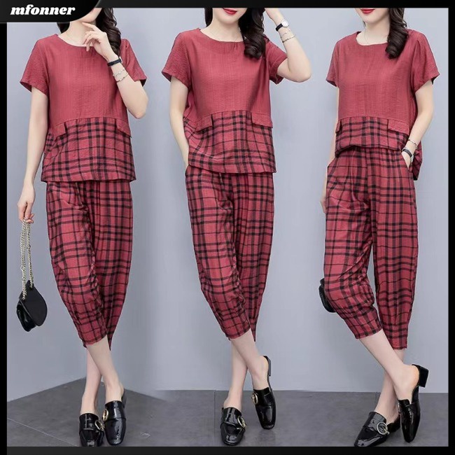 Bộ Trang Phục 2 Mảnh Chất Liệu Cotton Lanh Cổ Tròn Tay Ngắn Dáng Rộng Họa Tiết Sọc Caro Cho Nữ