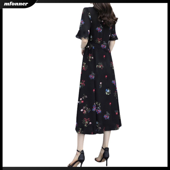 Đầm Chiffon Dài Đến Đầu Gối Tay Ngắn in Họa Tiết Hoa Thời Trang Mùa Hè Xinh Xắn Cho Nữ