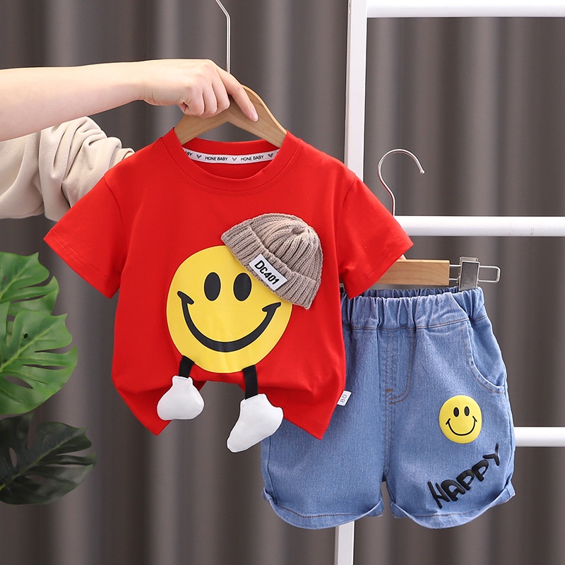 oopsmile Set Đồ Mùa Hè 2 Món Gồm Áo Thun + Quần Ngắn In Họa Tiết Hoạt Hình Cho Bé Trai