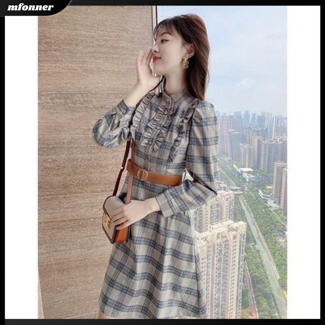 Đầm Midi Tay Dài Cổ Đứng Dáng Chữ A Họa Tiết Sọc Caro Ngọt Ngào Thời Trang Cho Bạn Gái