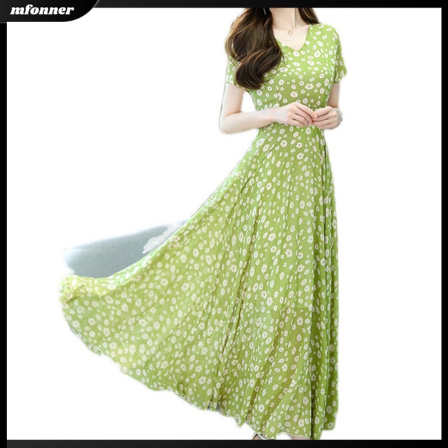 Đầm Dài Tay Ngắn Cổ Chữ V Eo Cao Bằng Lụa Mát in Họa Tiết Hoa Cúc Thanh Lịch Thời Trang Mùa Hè Dành Cho Nữ