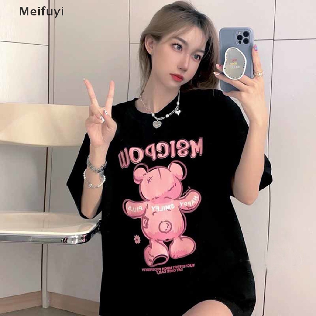 Áo Thun Tay Ngắn Cổ Tròn Dáng Rộng In Hình Gấu Thời Trang Mùa Hè Xinh Xắn Cho Nữ