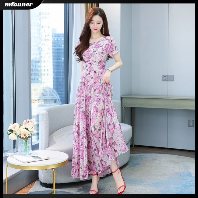 Đầm Dài Tay Ngắn Cổ Tròn In Họa Tiết Hoa Thời Trang Dành Cho Nữ