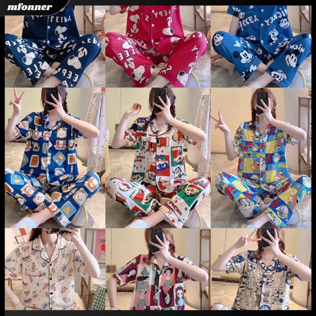 Bộ Đồ Ngủ 2 Món Bằng Lụa Tay Dài Cổ Bẻ In Họa Tiết Hoạt Hình + Quần Dài Thời Trang Xuân Thu Cho Nữ