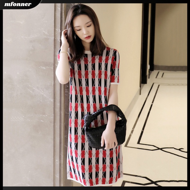 Đầm Cổ Tròn Tay Ngắn Dáng Suông In Họa Tiết Kẻ Sọc Plus Size Cho Nữ