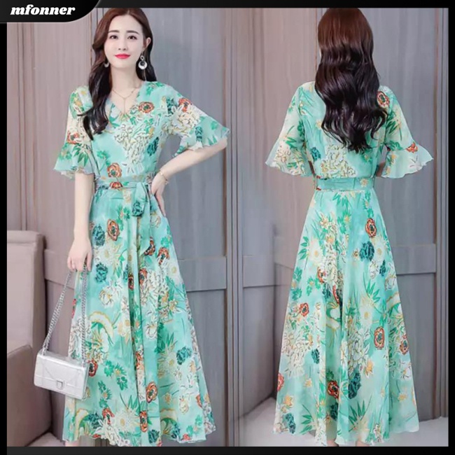 Đầm DàI Cổ Chữ V In HọA TiếT ThờI Trang Cho Nữ