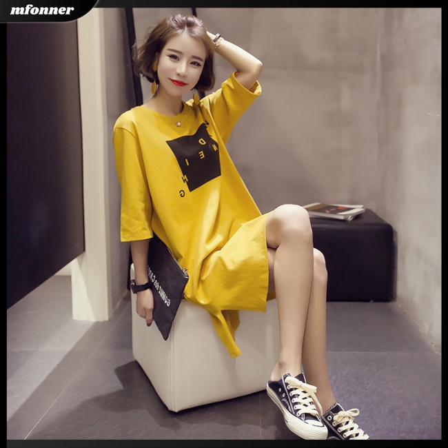 Đầm Thun Dáng Rộng Tay Ngắn Thiết Kế Xẻ Tà Thời Trang Mùa Hè Cho Nữ