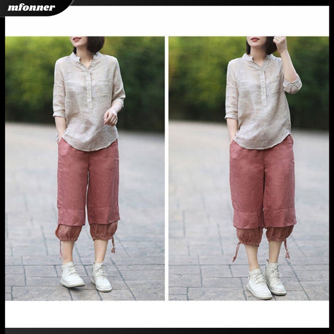 Áo Sơ Mi Cotton Lanh Cổ Đứng Dáng Rộng Tay Lửng Thời Trang Mùa Hè Cho Nữ