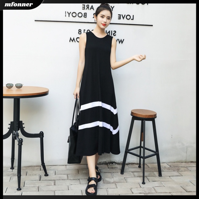 Đầm Sát Nách Dáng Rộng Vải Lụa Sữa In Họa Tiết Kẻ Sọc Cá Tính Cho Nữ
