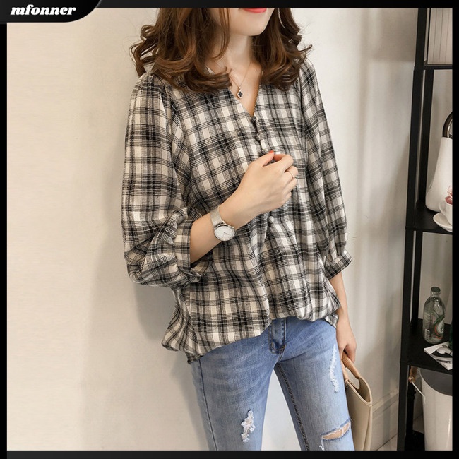 Áo Kiểu Tay Lửng Dáng Rộng Họa Tiết Kẻ Sọc Thời Trang Cho Nữ