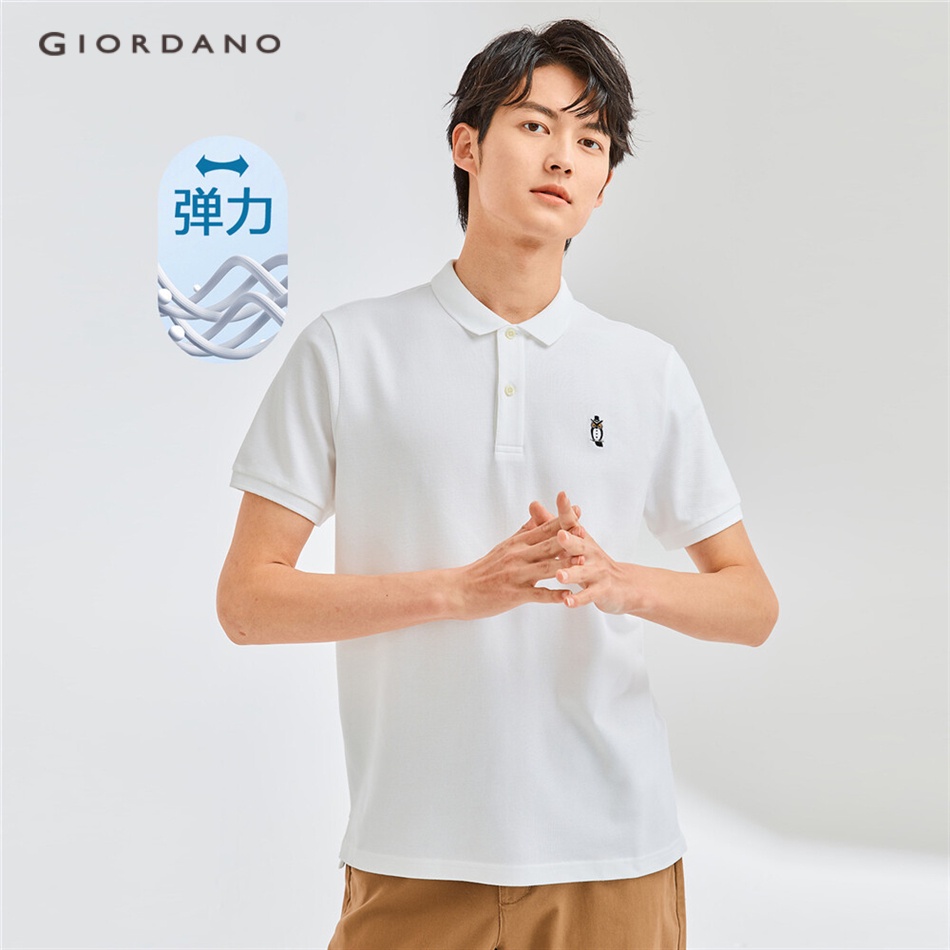 Áo thun polo GIORDANO 13013201 pique dệt kim co giãn tay ngắn thêu họa tiết cú mèo dành cho nam