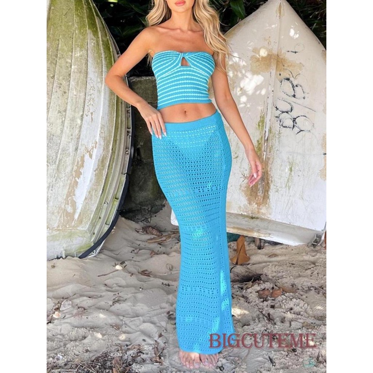 Set Đồ Mùa Hè 2 Món Gồm Áo Dệt Kim Sọc Thắt Nút + Chân Váy Dài Lưng Thun Cao Co Giãn Cho Nữ