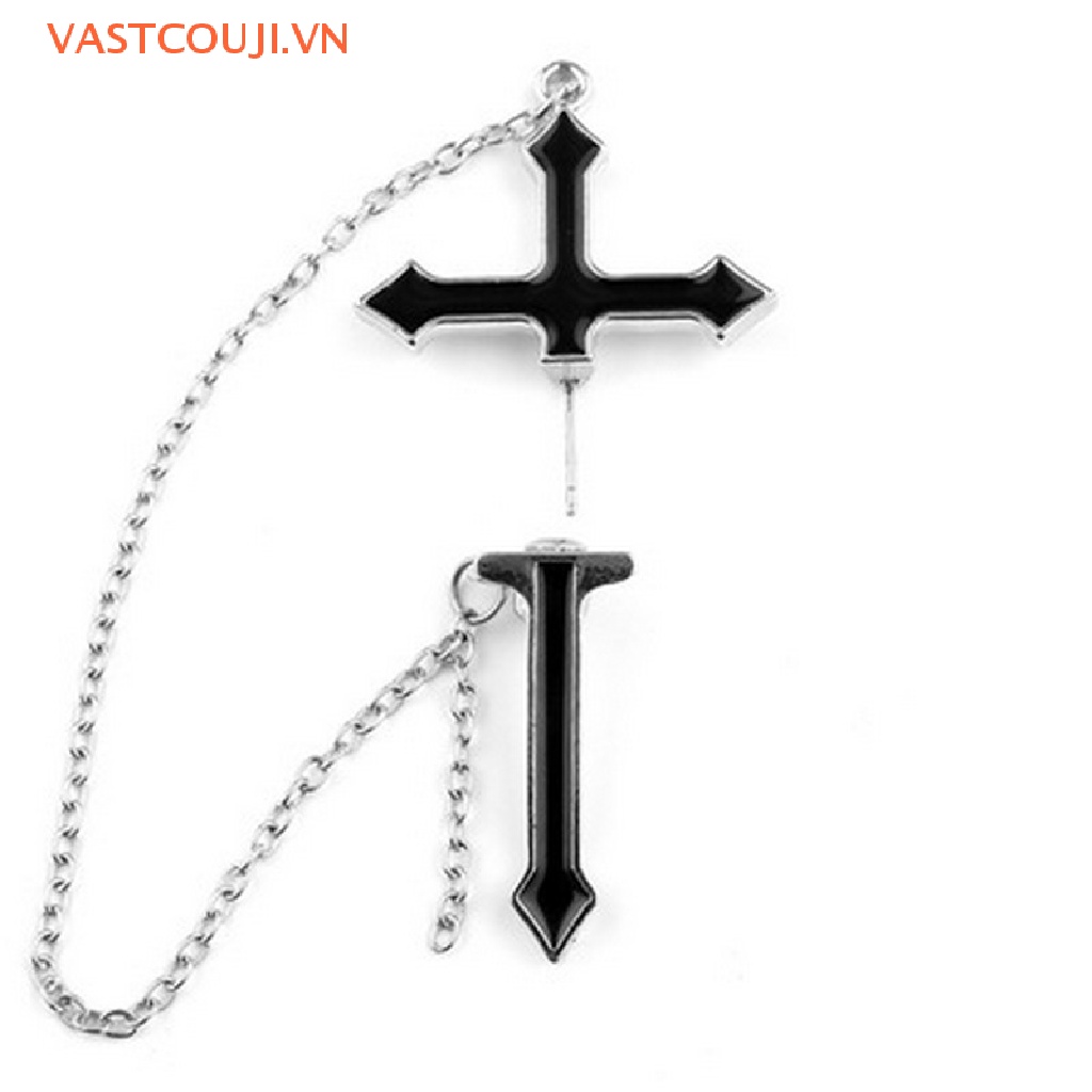 Khuyên Tai Chuỗi Dài Mặt Thánh Giá Màu Đen Phong Cách Vintage