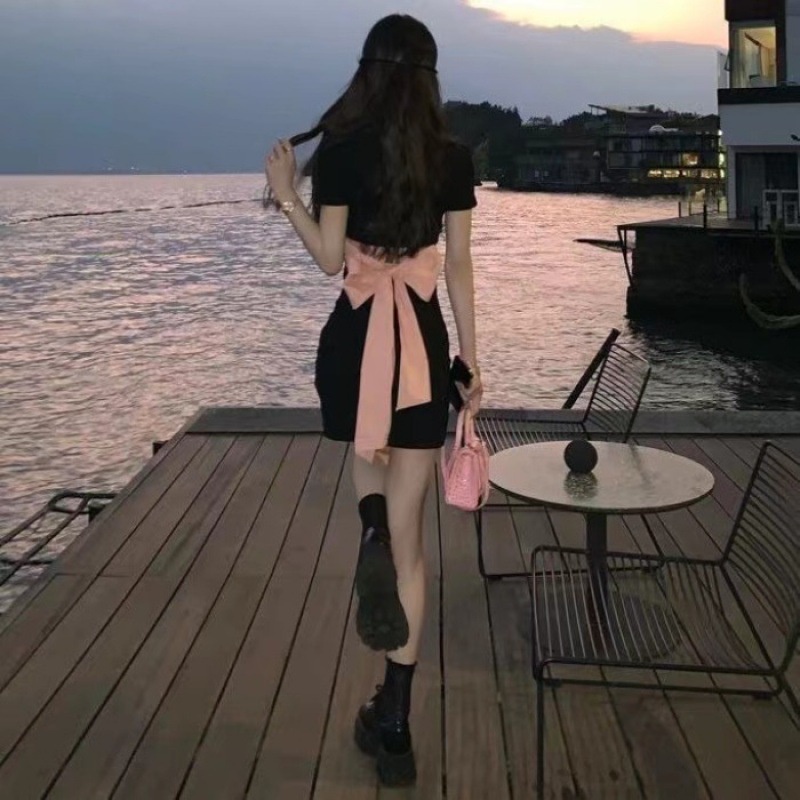 JMSHOP đánh cắp trái tim trộm váy thiết kế thích hợp váy nữ tôn dáng váy liền thân Polo nơ bướm xuân hè
