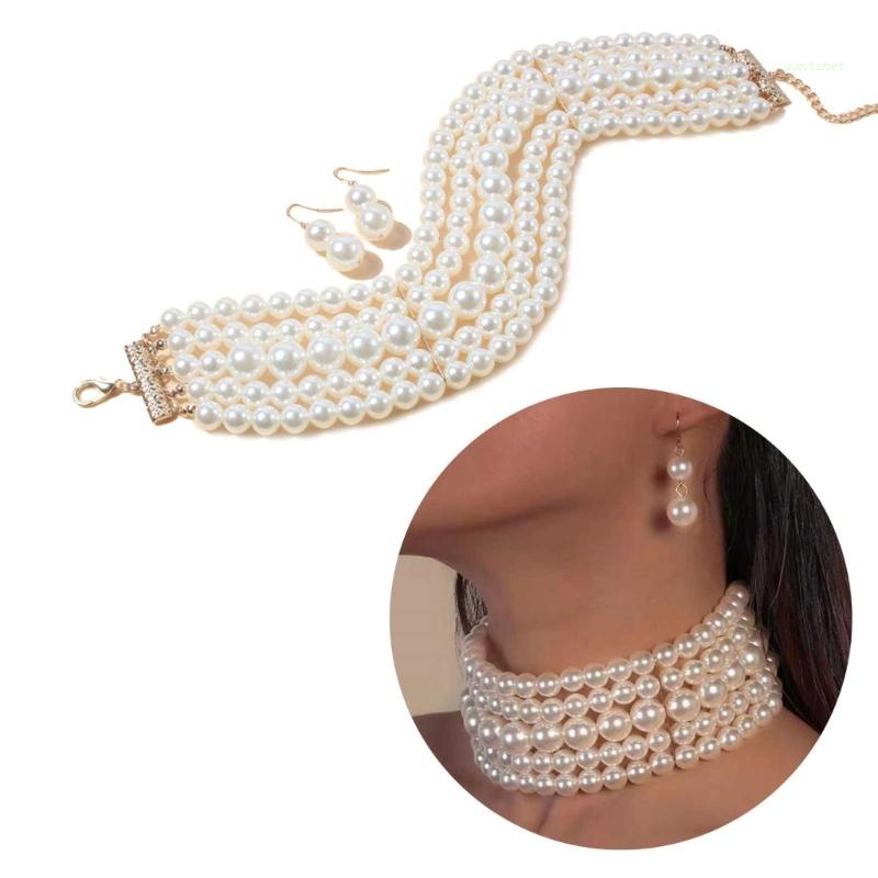 Bộ Vòng cổ + Bông Tai Nhiều Lớp Đính Ngọc Trai Nhân Tạo Phong Cách Cổ Điển