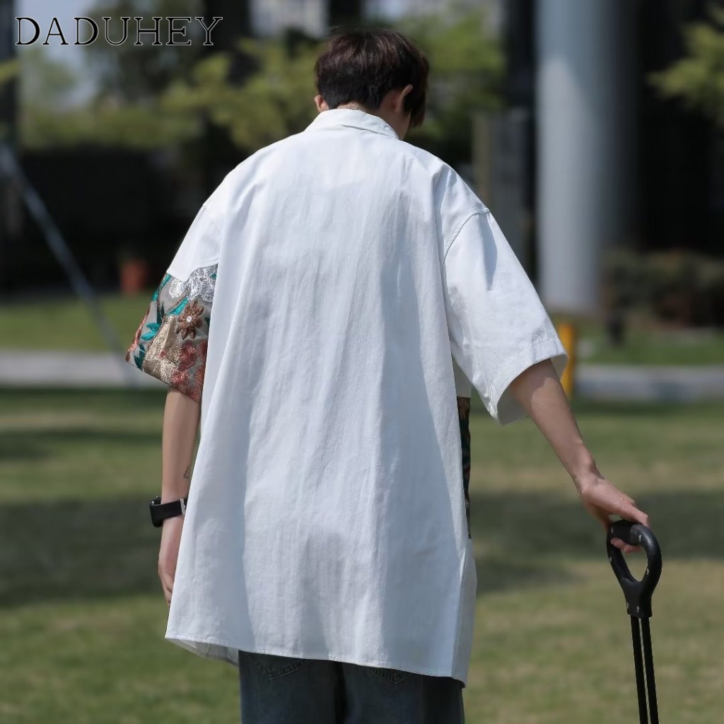 DaDuHey Men's 2023 Summer New Unisex Style Casual Loose Shirt Fashionable All-Match Stitching Lapel Short Sleeve Top