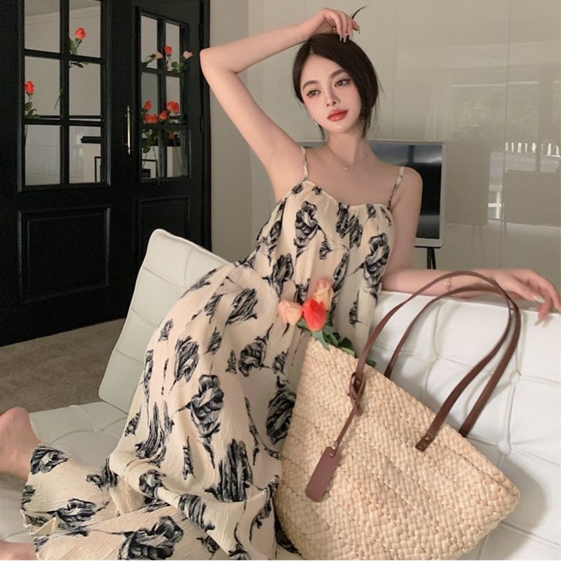 Cozok Đầm Dài Không Tay Họa Tiết Mực In Thời Trang Gợi Cảm