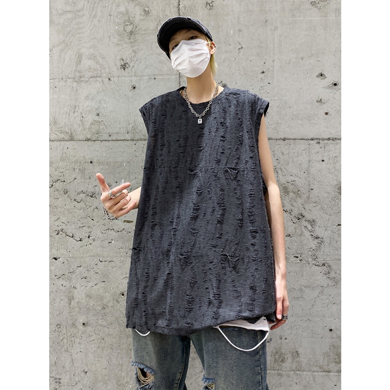 Áo Thun Sát Nách Dáng Rộng Phối Rách Cá Tính Cho Nam