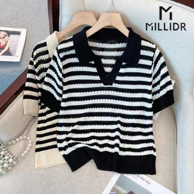 Áo Dệt Kim Tay Ngắn Cổ polo Hoạ Tiết Kẻ Sọc Thời Trang Mùa Hè Cho Phái Nữ