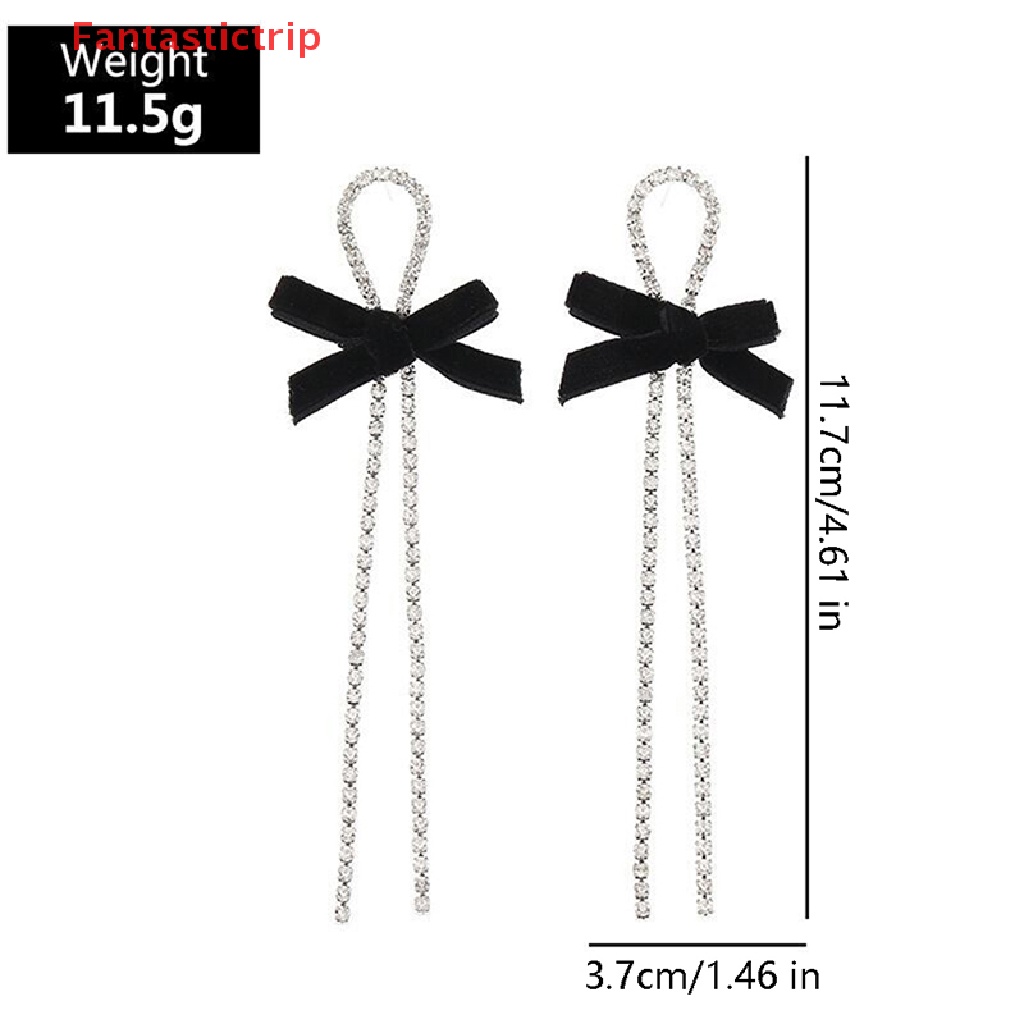 [Fantastictrip] Bông Tai Kim Loại Dài Hình Nơ Đen Đính Pha Lê Sáng Bóng Mới
